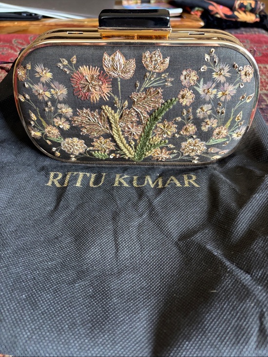 Ritu Kumar Handbags - Ritu Kumar Black Embroidered Floral Minaudière with Gold Frame
